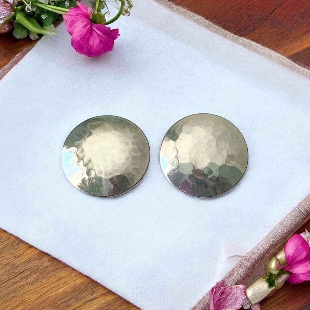 Vintage Sterling Silver Hammered Disk Pierced Earrings.